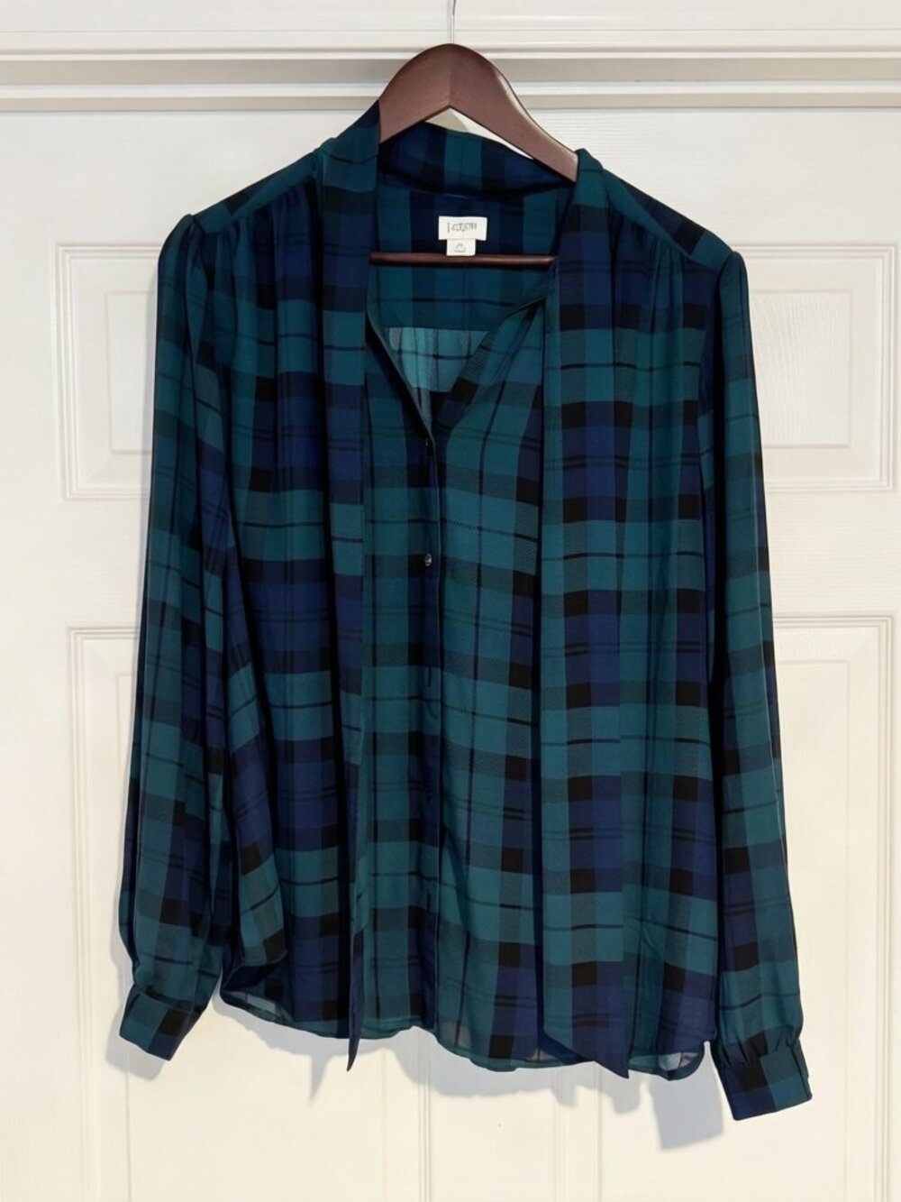 J.Crew Factory Black Watch Plaid Tie Neck Blouse XL